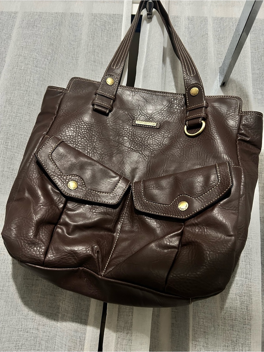 Tommy Hilfiger Dark Brown Leather Tote with Front Flap Pockets